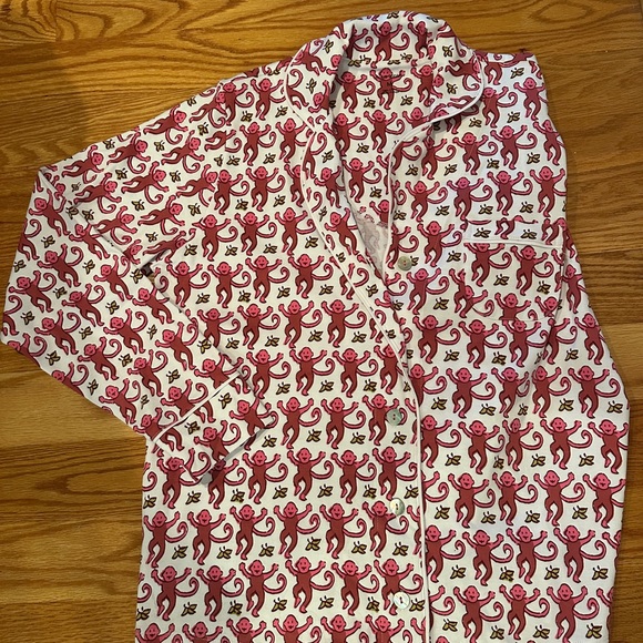 Roller Rabbit Pink and White Monkey Print Pajama Top and Bottoms - Picture 3 of 4